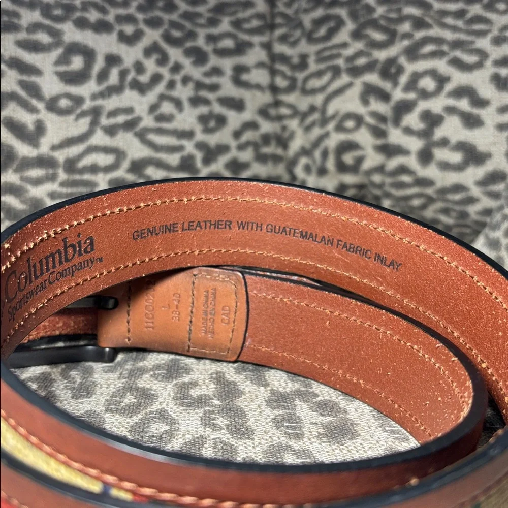 Columbia wide leather belt with Guatemalan fabric inlay bohemian belt LG 38-40